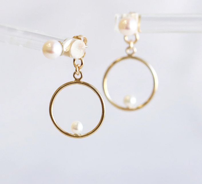 Cream Cultured Pearls Stud & Back Hoop Earrings