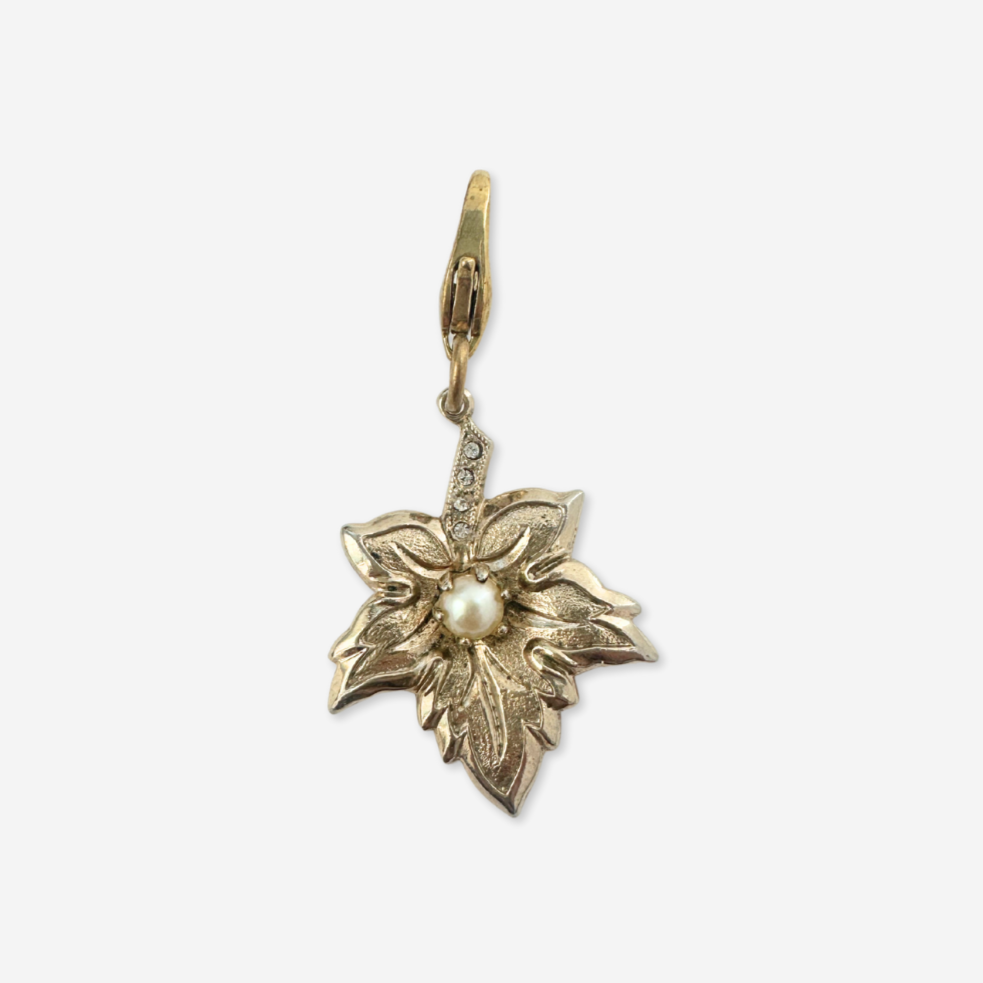 Vintage Gold Maple Leaf With Pearl & Rhinestones Charm