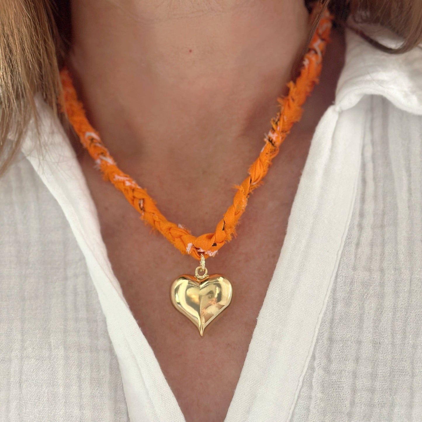 Orange Braided Bandana Heart Necklace