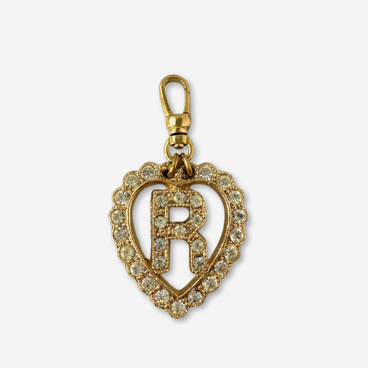 Letter "R" Larger Refashioned Vintage Gold & Rhinestone Heart Charm