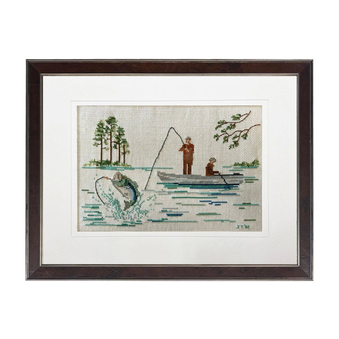 Fishing Cross Stitch Framed Print - Vintage Reproduction