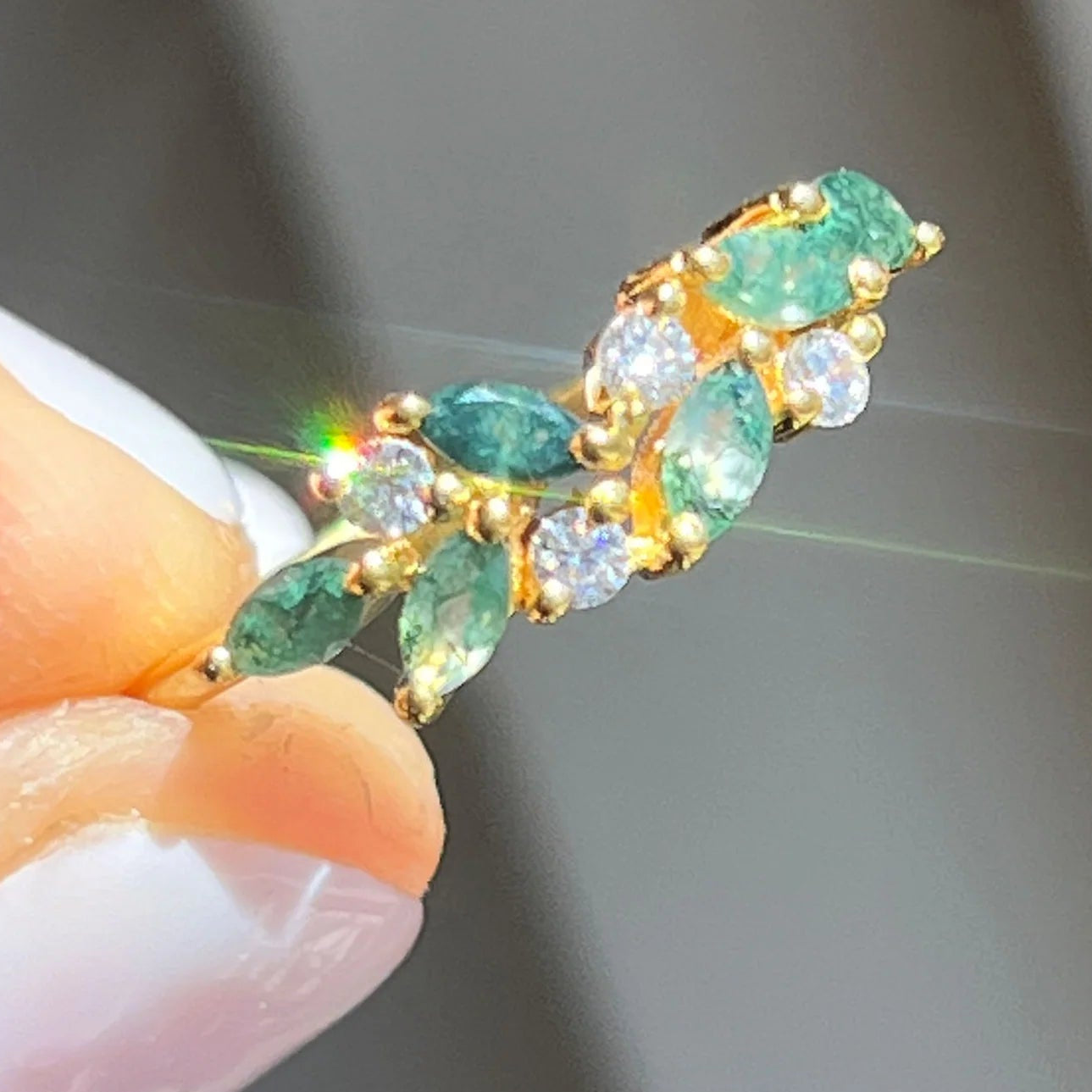 Moss Agate & White Topaz in 18kt Yellow Gold Ring - Size 6