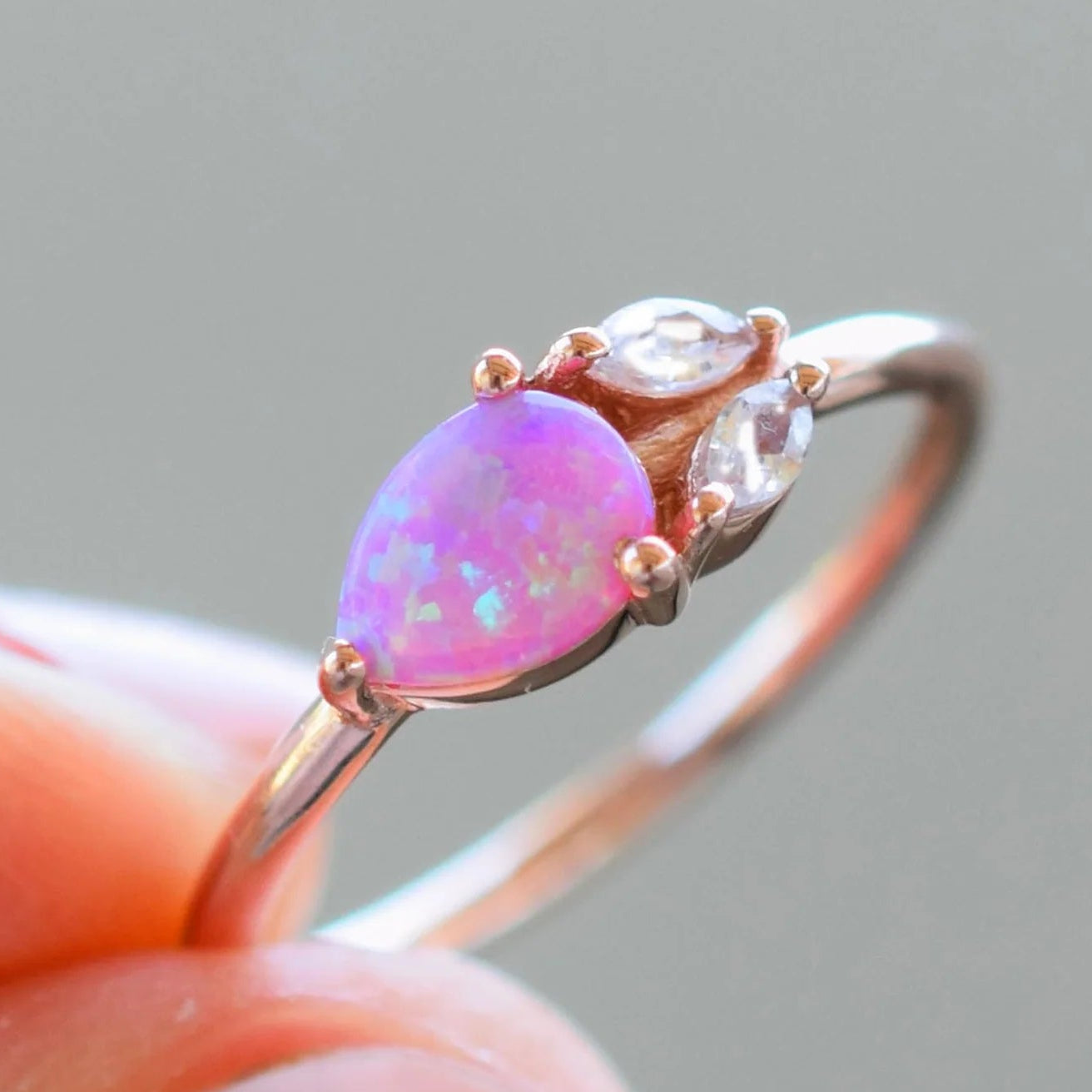 Teardop Lab Pink Opal 14kt Rose Gold Vermeil Ring - Size 8