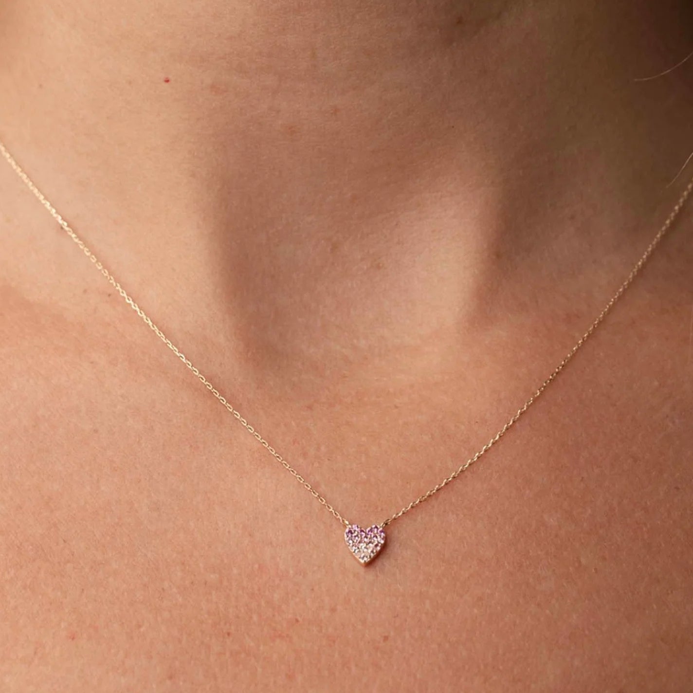 Pink & White Sapphire Heart Solid 14kt Gold Necklace