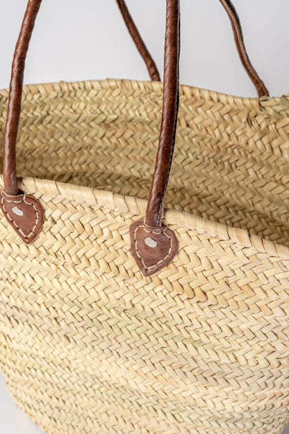 Handwoven Palm Market Basket with Moroccan Leather Handles