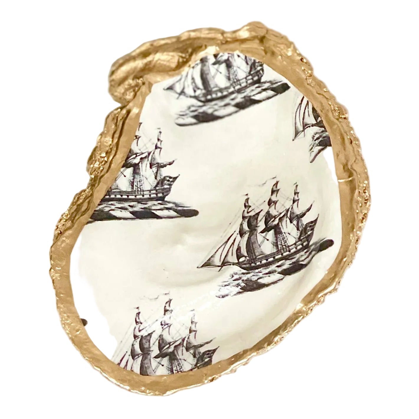 Black Ship Handmade Decoupaged Oyster Shell Trinket Dish