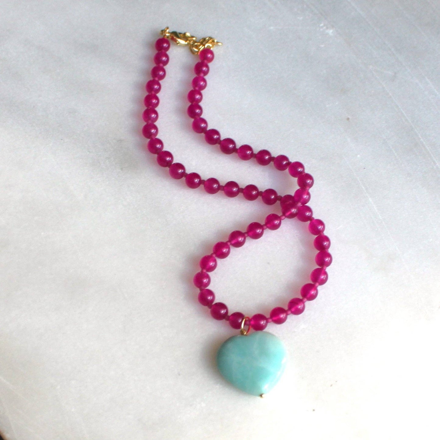 Amazonite Heart & Bright Pink Jade Beaded Necklace