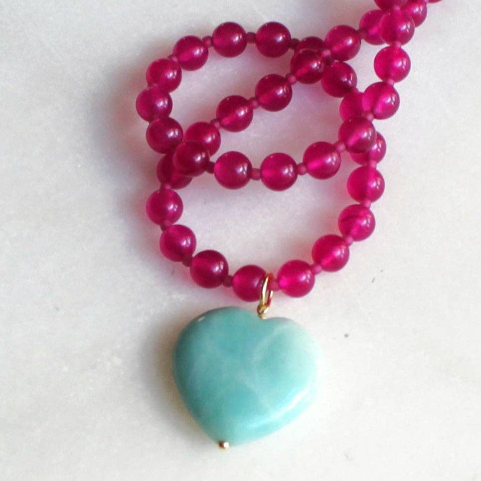 Amazonite Heart & Bright Pink Jade Beaded Necklace