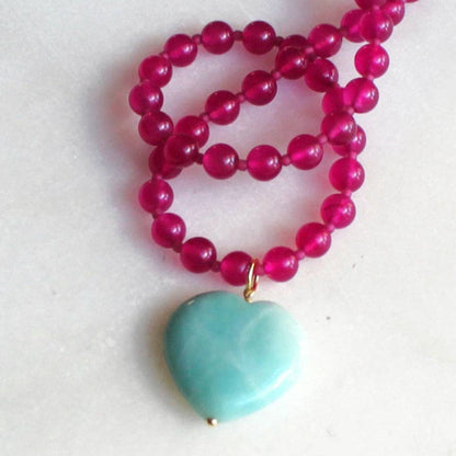 Amazonite Heart & Bright Pink Jade Beaded Necklace
