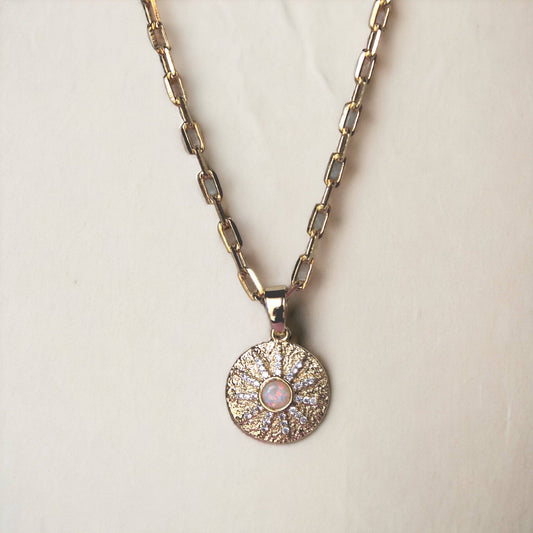 Opal Sunburst Coin Pendant Necklace - 18K gold-fill