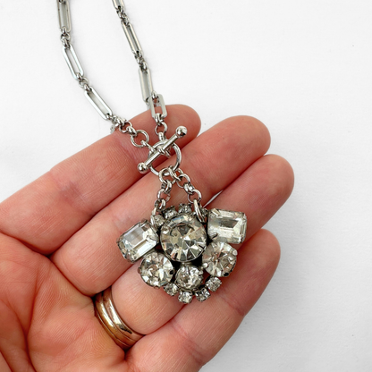 The Florence - Vintage Rhinestone Pendant with Silver Plated Oval Link Chain