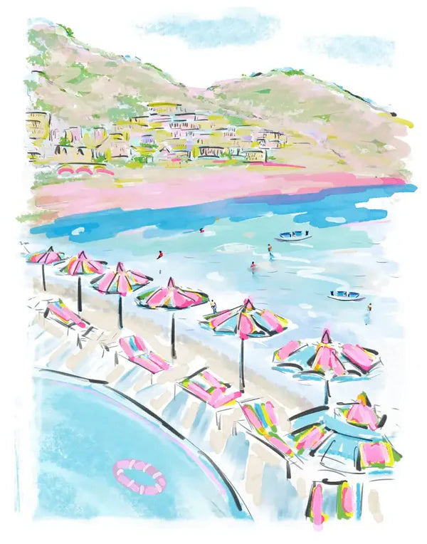 Amalfi Umbrellas Blue/Gold Framed Art Print by Rebecca Meixner