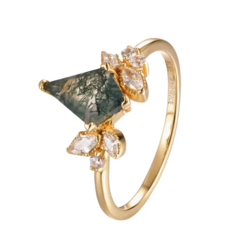 Moss Agate & White Topaz 14kt Gold Vermeil Ring - Size 8