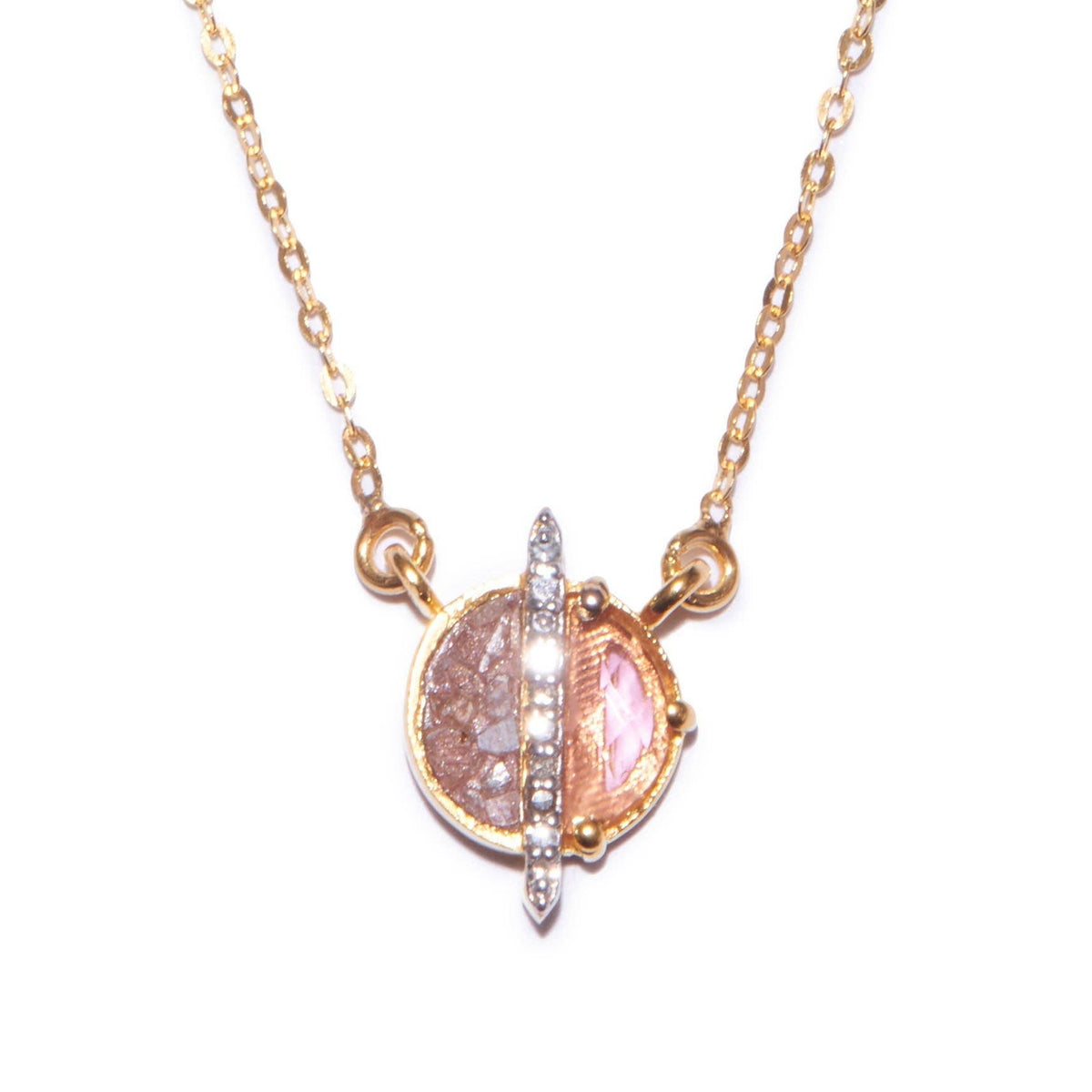 Natural Diamond Slices, Pavé Champagne Diamonds & Pink Tourmaline 18kt Gold Vermeil Necklace