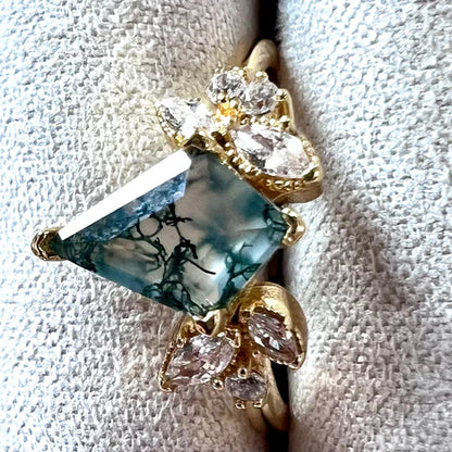 Moss Agate & White Topaz 14kt Gold Vermeil Ring - Size 8