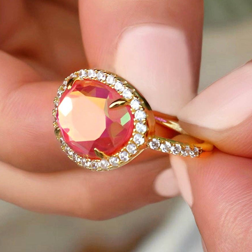 Light Pink Dichroic Glass 14kt Gold Vermeil Ring - Size 8