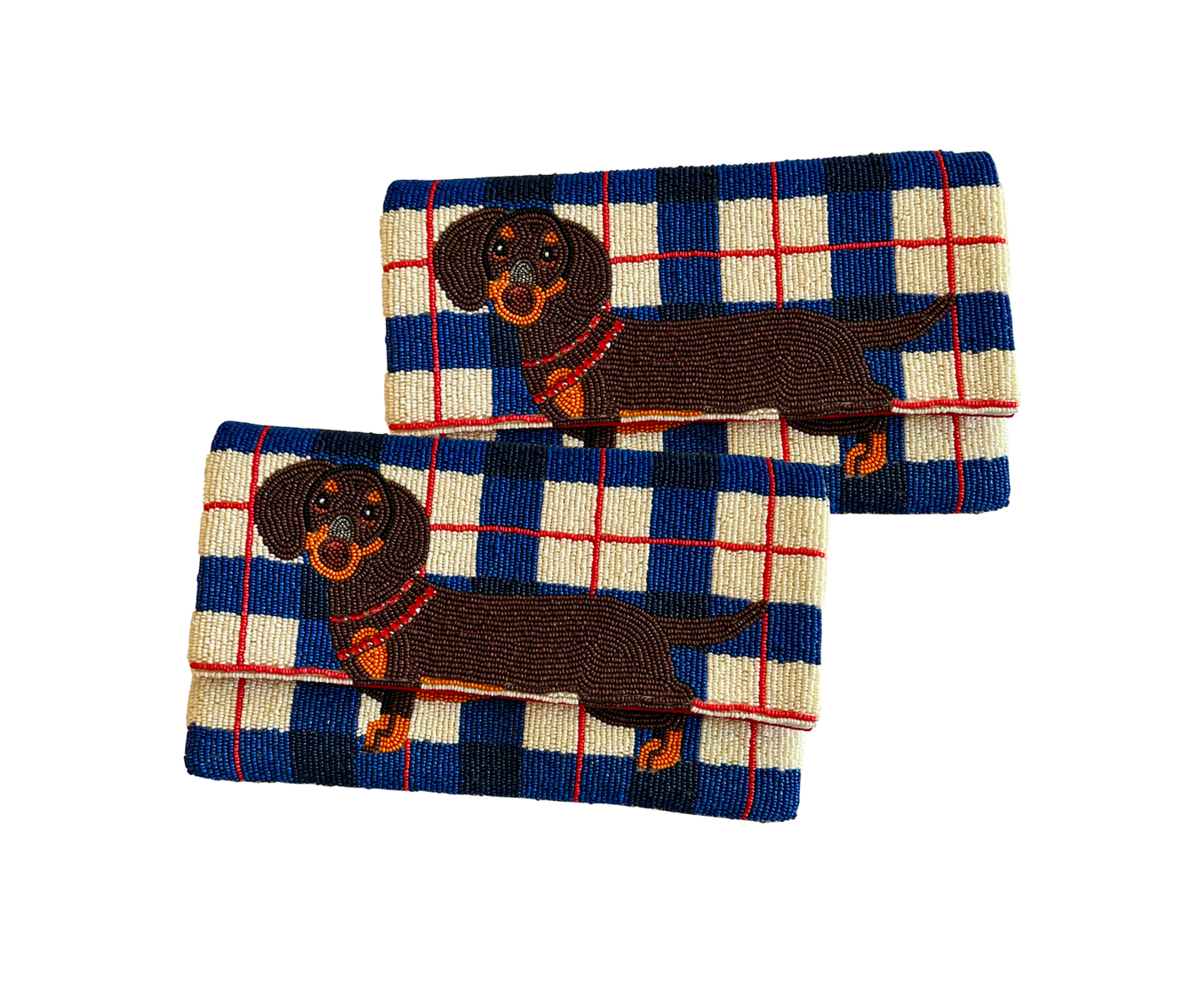 Dachshund Plaid Hand Beaded Crossbody Clutch Purse