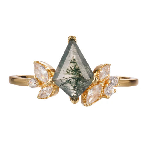 Moss Agate & White Topaz 14kt Gold Vermeil Ring - Size 8
