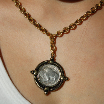 Pewter Buffalo Coin 12kt Antiqued Gold Finish Necklace