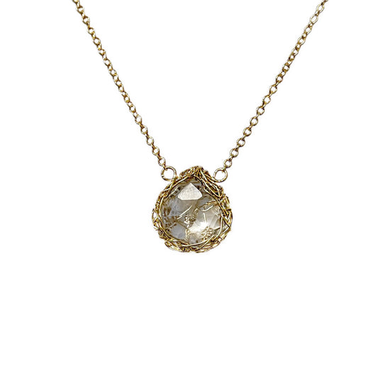 Clear Quartz Teardrop Necklace – Hand-Crocheted in 14k Gold