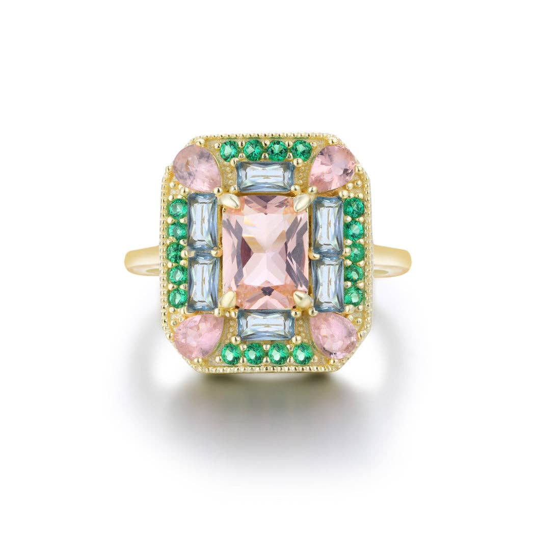 The Marlowe Ring - Morganite, Emerald & Aquamarine Cocktail Ring, Size 6