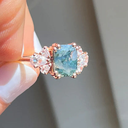Forest Moss Agate & White Topaz Rose Gold Ring - Size 6