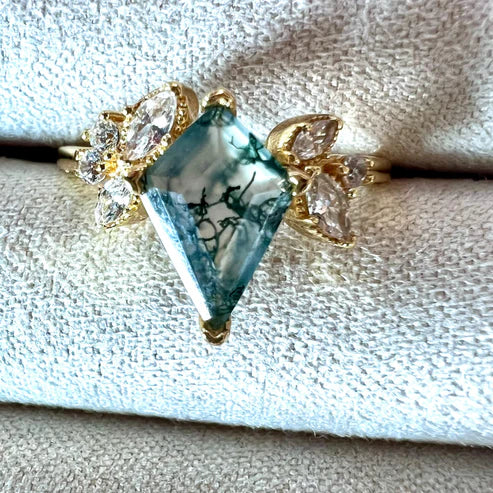Moss Agate & White Topaz 14kt Gold Vermeil Ring - Size 8