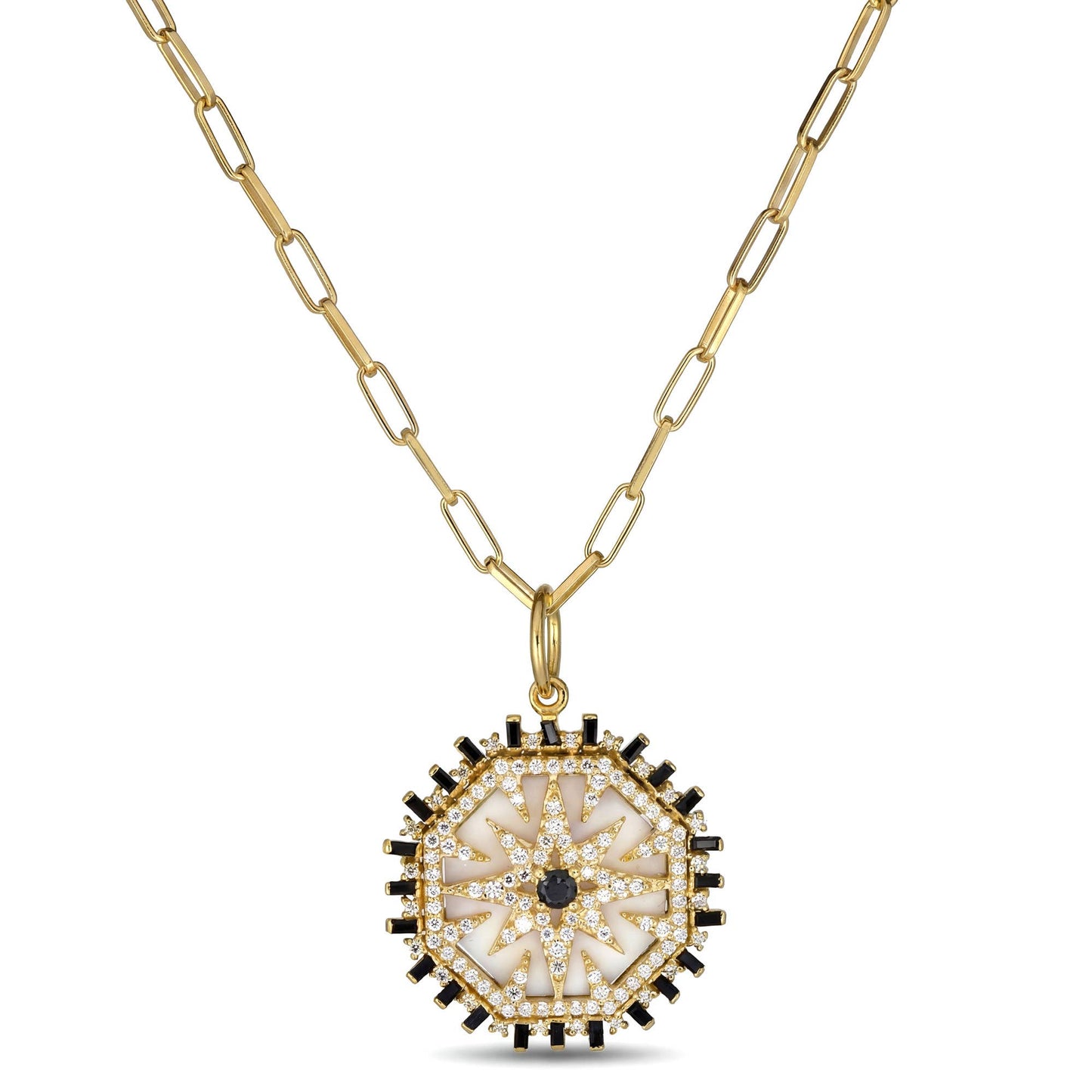 Art Deco Mother of Pearl Black Pavé 14kt Gold Vermeil Necklace