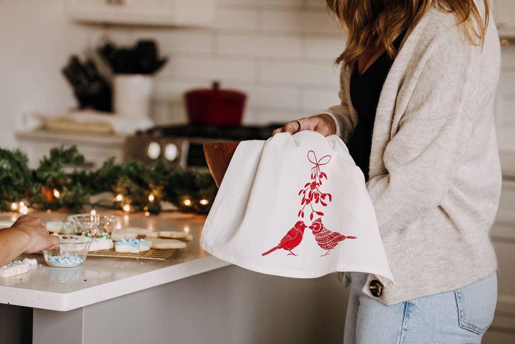 Handprinted Mistletoe Birds Kitchen Towel