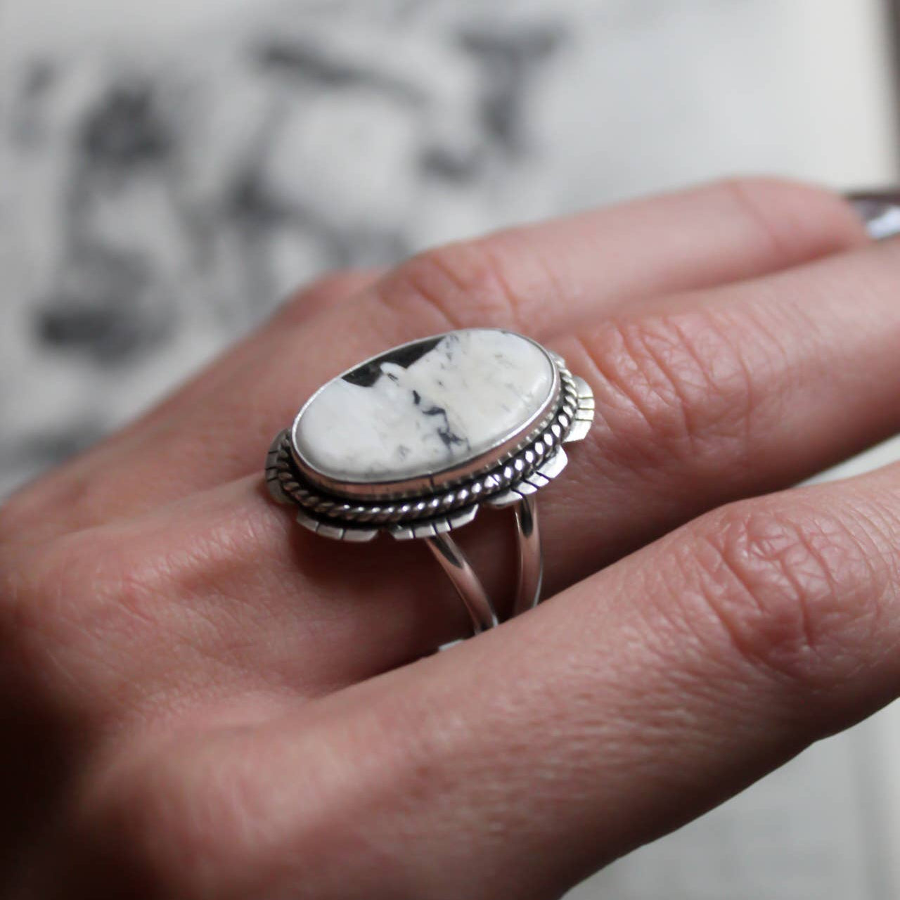 Native American Made White Buffalo Turquoise Sterling Silver Ring - Size 8.5