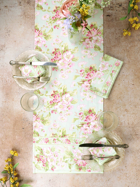 April Cornell 100% Cotton Apple Blossom Light Green Floral Table Runner