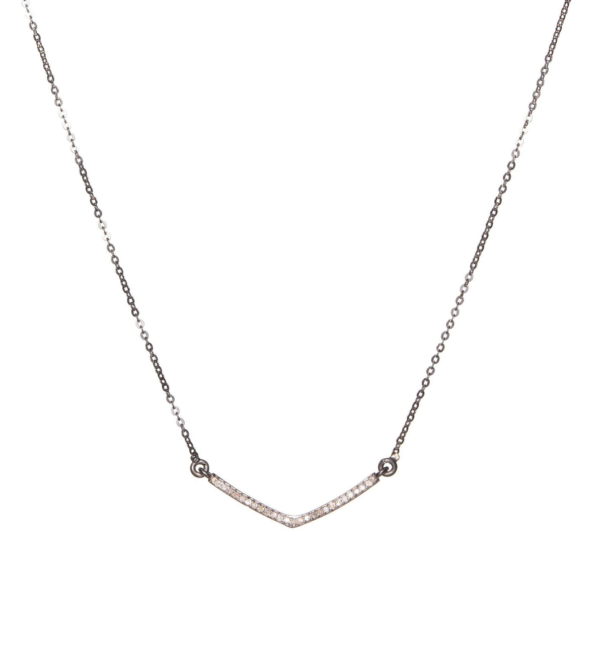 Pave Champagne Diamonds V Shaped Oxidized Silver Pendant Necklace