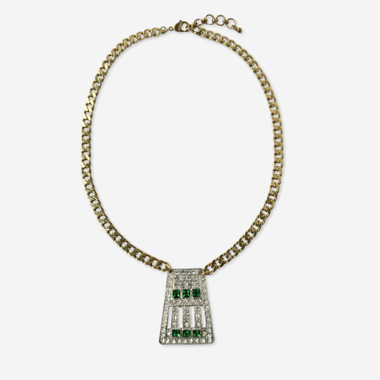 The Lenora Necklace - Refashioned Vintage Green & Clear Rhinestone Art Deco Necklace