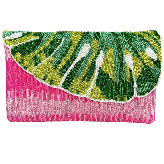 Monstera Leaf Beaded Women's Clutch