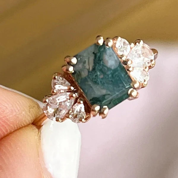 Forest Moss Agate & White Topaz Rose Gold Ring - Size 6