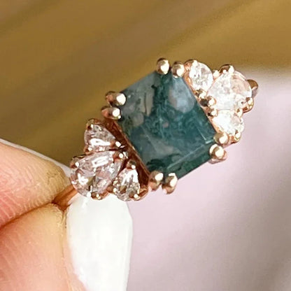 Forest Moss Agate & White Topaz Rose Gold Ring - Size 6
