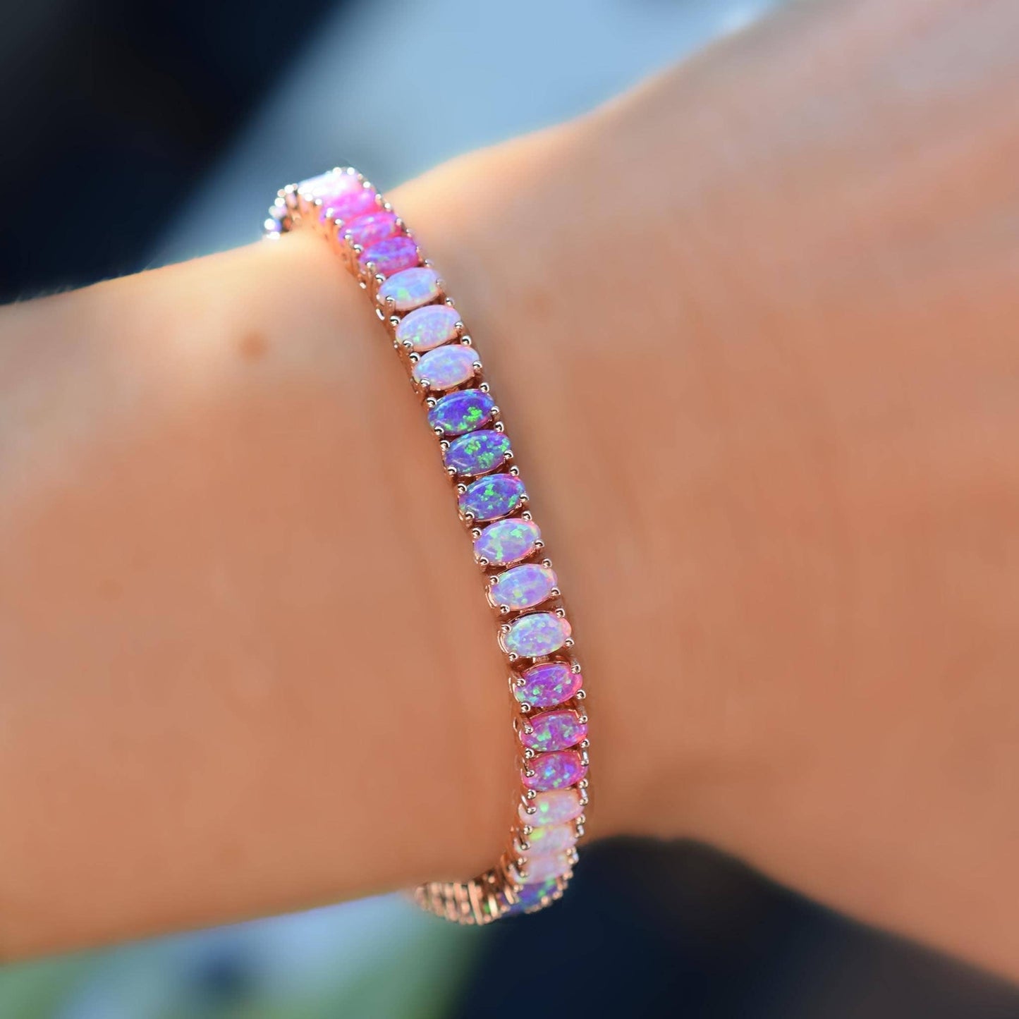 Lab Pink Ombre Opals 14kt Rose Gold Tennis Bracelet