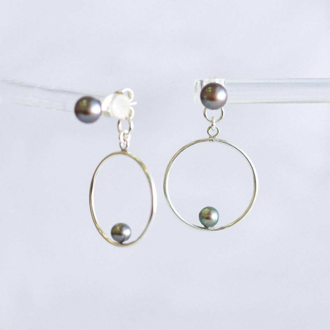 Peacock Silver Cultured Pearls Stud & Back Hoop Earrings