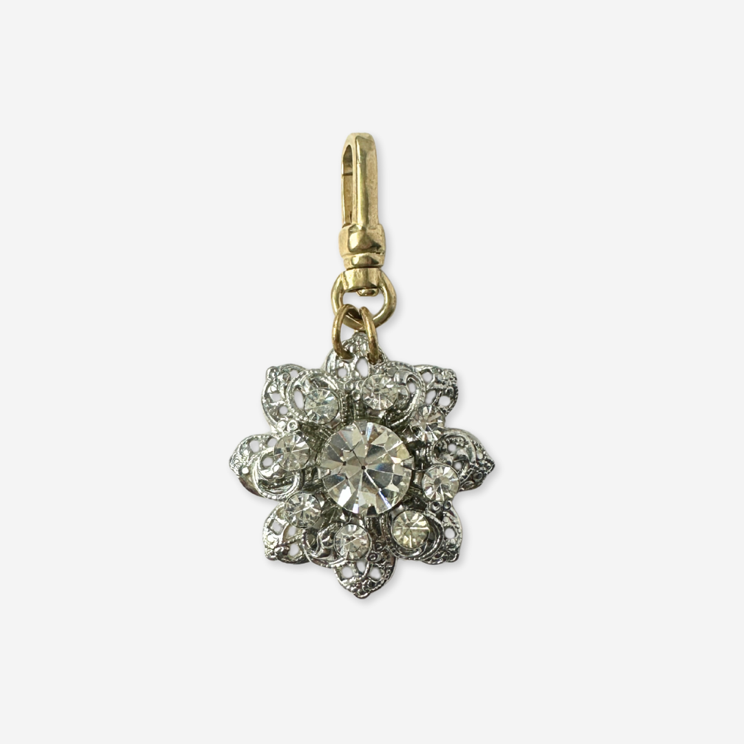 Rhinestone and Silver Filigree Flower Charm