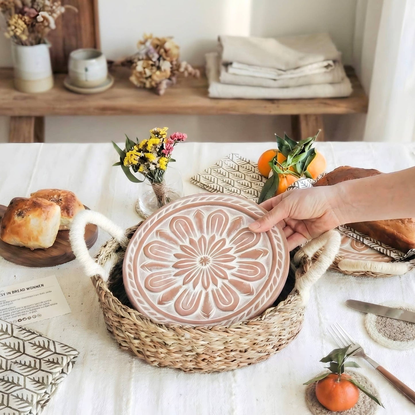 Handmade Bread Warmer & Wicker Basket - Floral Round Pattern