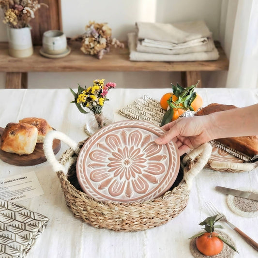 Handmade Bread Warmer & Wicker Basket - Floral Round Pattern