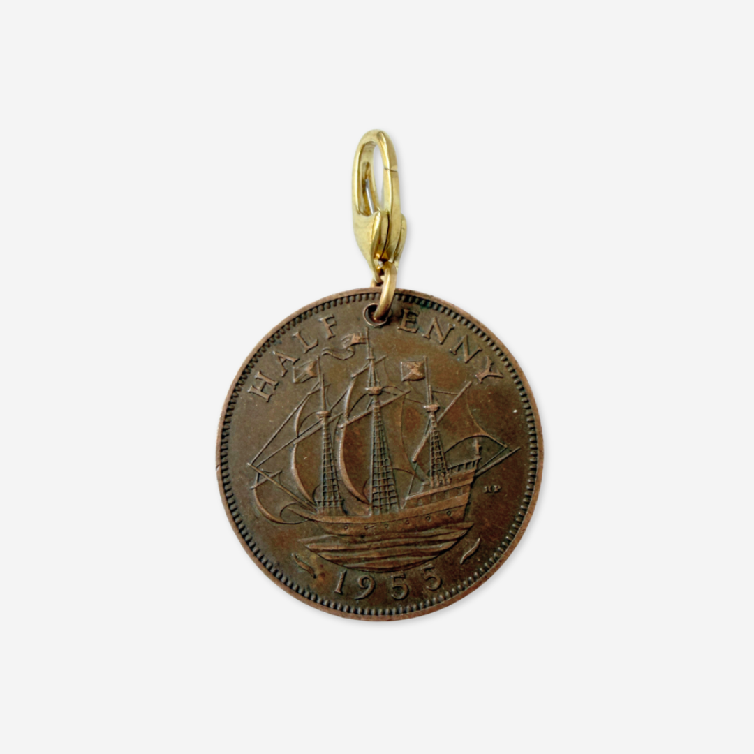 1955 Queen Elizabeth II Half Penny Coin 14kt Gold Vermeil Paperclip Necklace