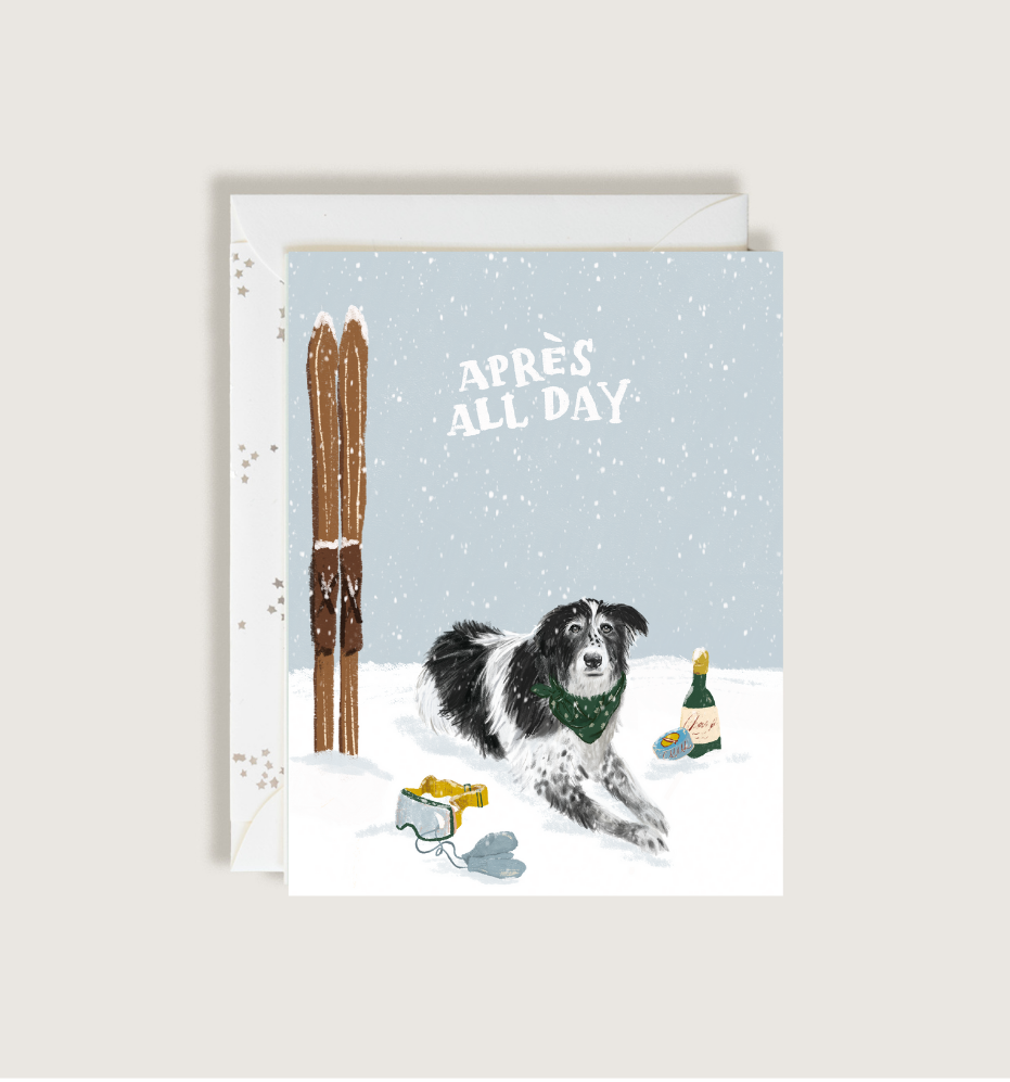Apres All Day Ski Pup with Champagne Greeting Card