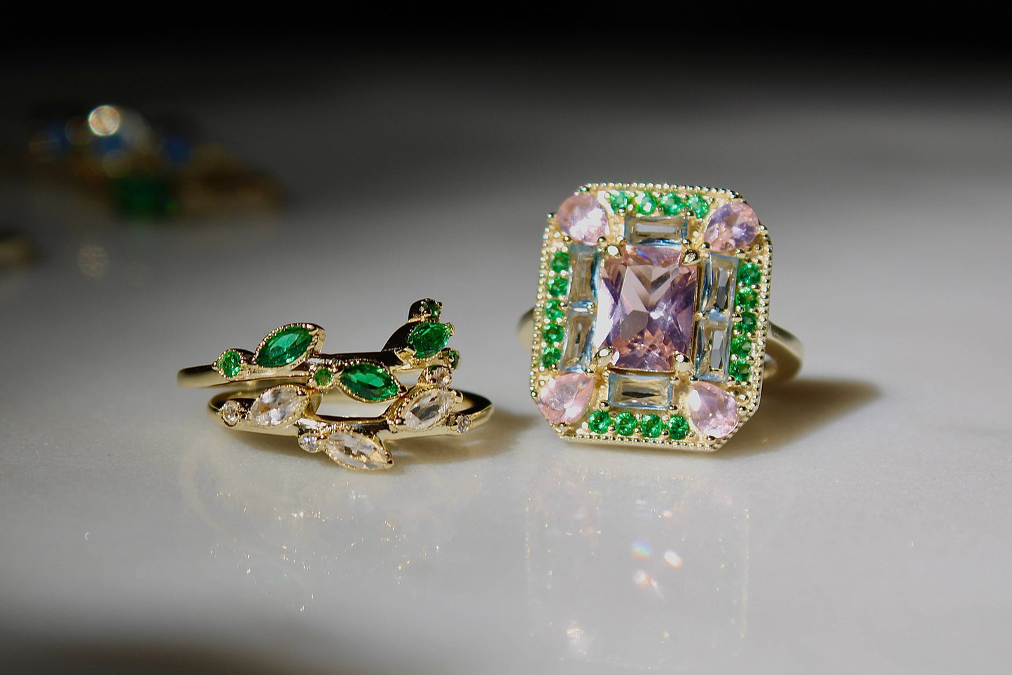 The Marlowe Ring - Morganite, Emerald & Aquamarine Cocktail Ring, Size 6