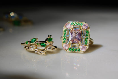 The Marlowe Ring - Morganite, Emerald & Aquamarine Cocktail Ring, Size 6