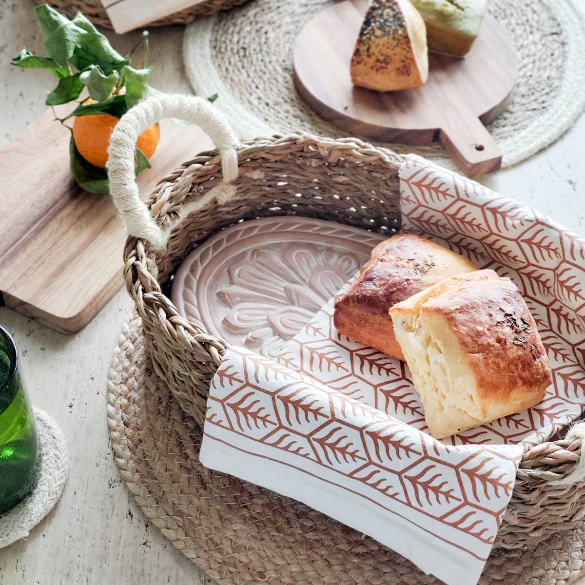 Handmade Bread Warmer & Wicker Basket - Floral Oval Pattern