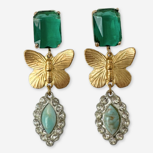 The Dorothea - Butterfly, Turquoise Rhinestone, & Green Glass Refashioned Vintage Earrings
