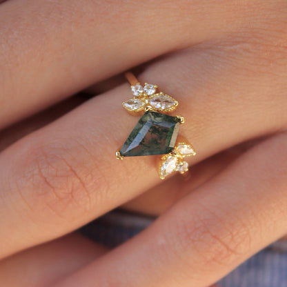 Moss Agate & White Topaz 14kt Gold Vermeil Ring - Size 8