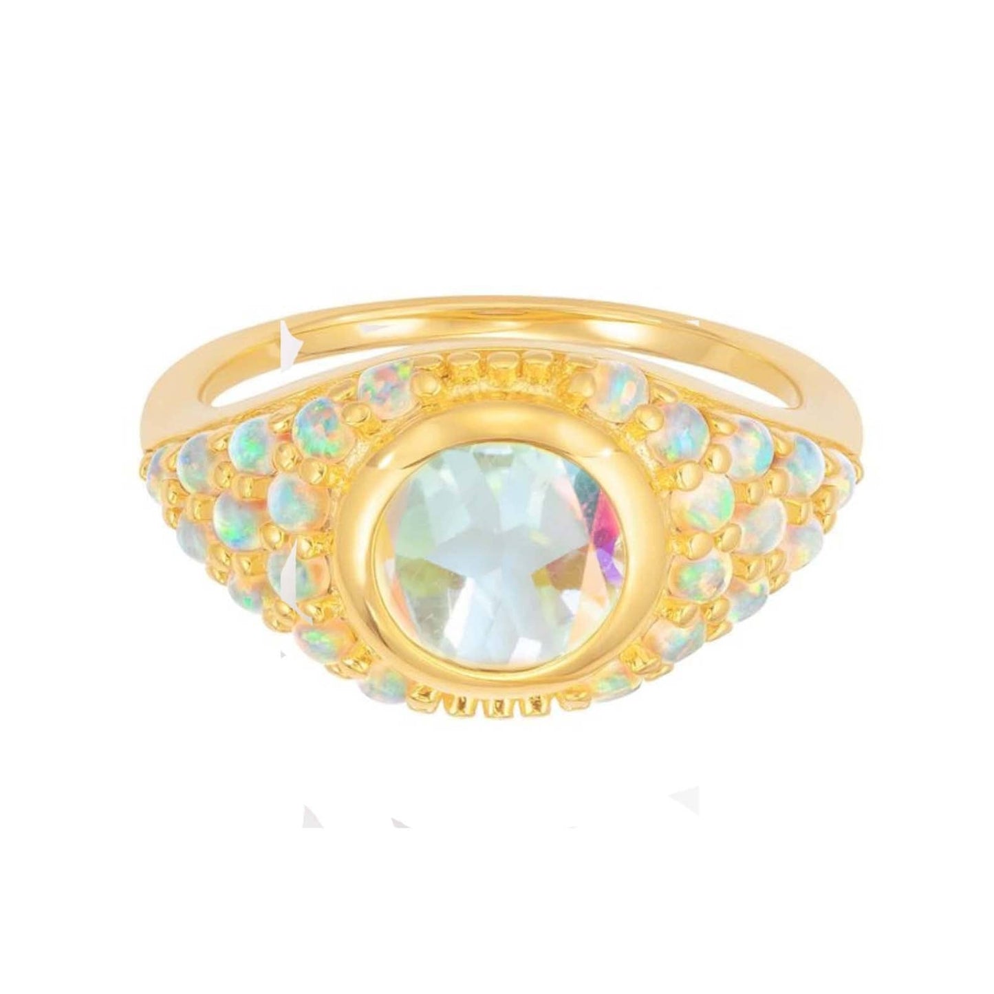 Round Angel Aura Quartz & Simulated Opals 18kt Gold Vermeil Ring - Size 6