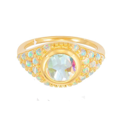Round Angel Aura Quartz & Simulated Opals 18kt Gold Vermeil Ring - Size 6